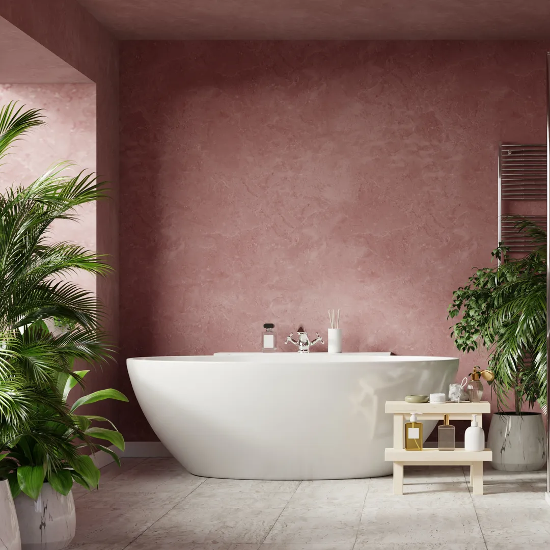 Calm terracotta bathroom with natural plants and earthy tones